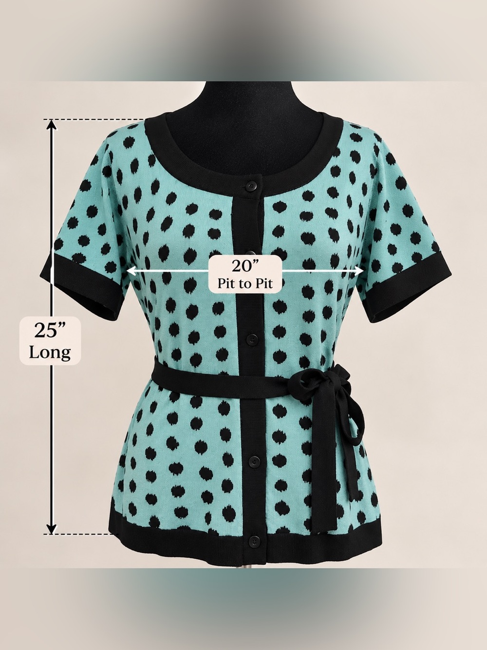 Vintage - NWT Mint Polka Dot Button-Front Knit Top with Black Trim